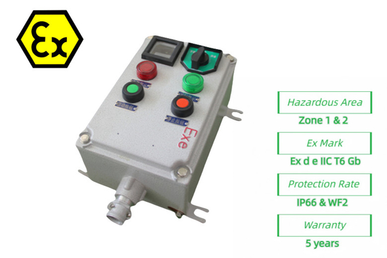 ATEX নিরাপত্তা Ex-proof নিয়ন্ত্রণ স্টেশন Flameproof বৈদ্যুতিক নিয়ন্ত্রণ বক্স 220/380Vac G1/2&quot;,G3/4&quot;,G1,G1.1/4&quot;,G1.1/2&quot;,G2